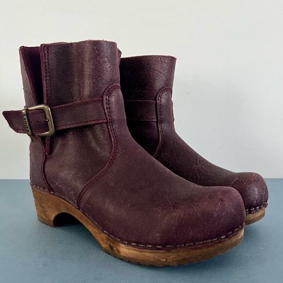 Sanita Mina Burgundy Leather Danish Wooden Clog Boots - Picture 1 of 8